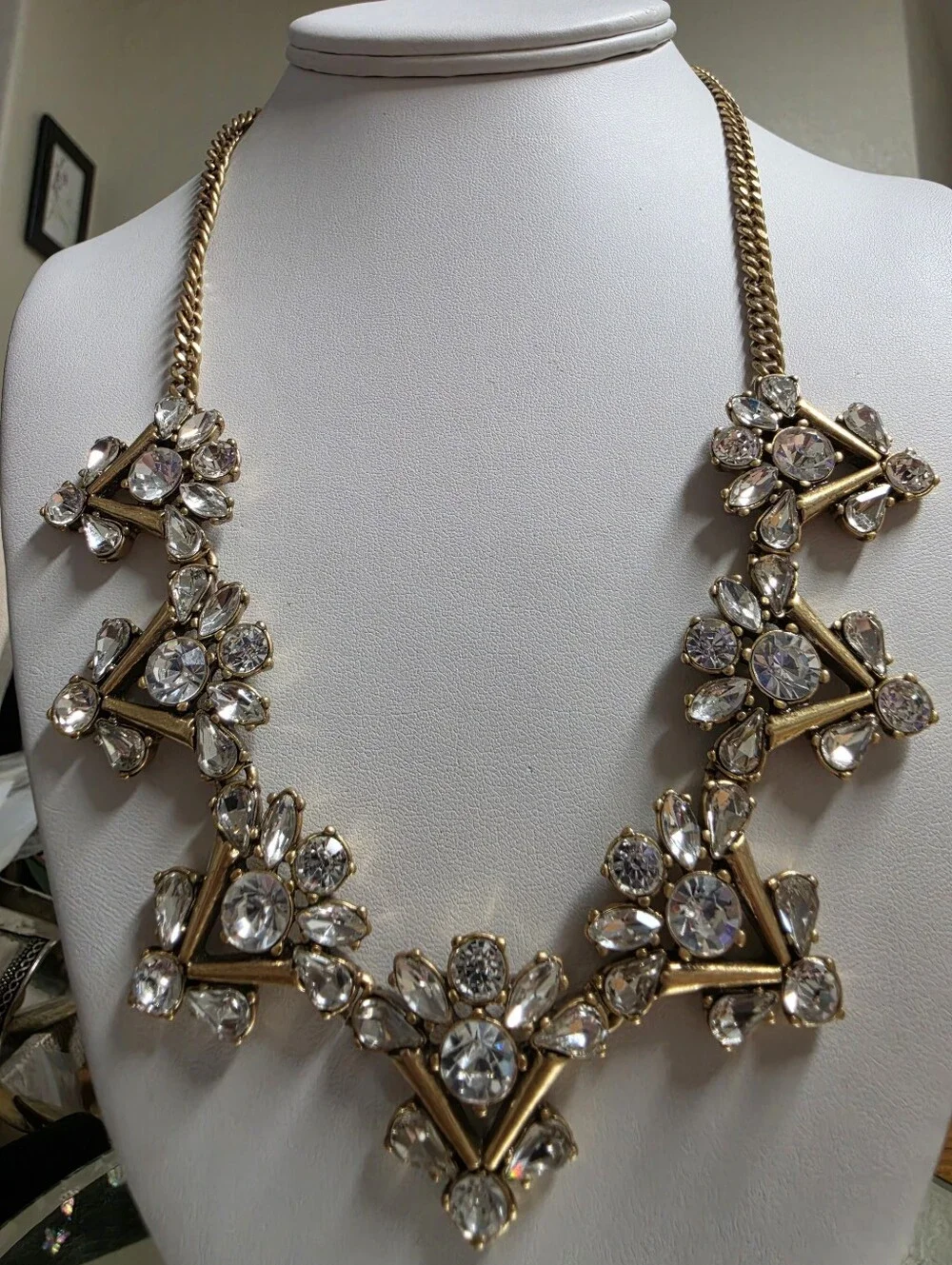 J Crew Brass Clear Crystal Triangle Cluster Statement Bib Necklace